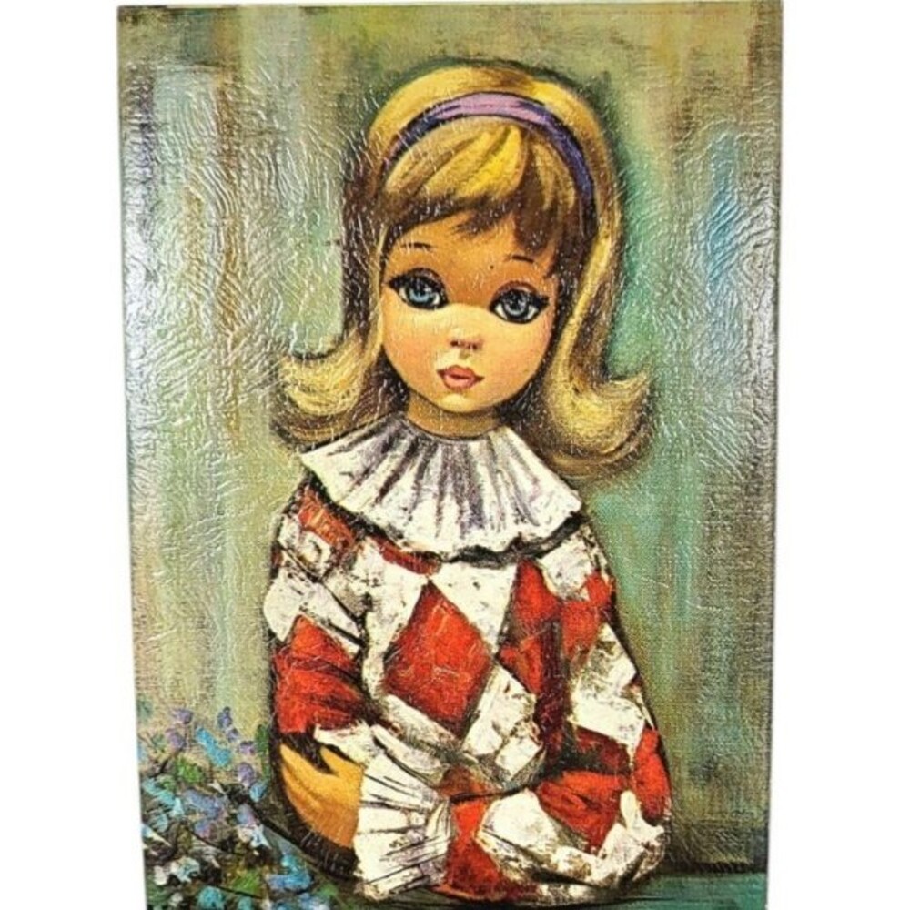 VTG 60s "Pierette" Lithograph Big Eyed Girl Harlequin Girl Textured Litho Print